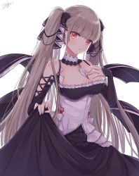 Rule 34 | 1girl, azur lane, bare shoulders, between breasts, black dress, blush, breasts, cleavage, clothing cutout, collarbone, dated, detached collar, dress, formidable (azur lane), frilled dress, frills, grey hair, hands on own breasts, highres, holding, holding clothes, holding dress, holding skirt, large breasts, long hair, looking at viewer, open mouth, shoulder cutout, simple background, skirt, skirt hold, solo, two-tone dress, two-tone ribbon, white background