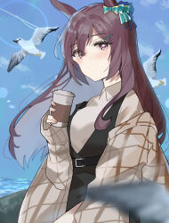 Rule 34 | 1girl, alternate costume, animal ears, belt, bird, black dress, blurry, blurry foreground, blush, bow, brown hair, brown jacket, closed mouth, cloud, coffee cup, cup, day, disposable cup, dress, ear bow, ear ribbon, green ribbon, hair between eyes, hair ornament, hairclip, highres, holding, holding cup, horse ears, horse girl, jacket, long hair, long sleeves, looking at viewer, mejiro dober (umamusume), ocean, outdoors, purple eyes, ribbon, seagull, shirt, sky, sleeveless, solo, ueruko, umamusume, white shirt