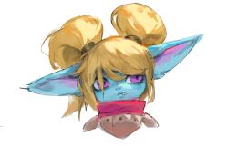 Rule 34 | 1girl, blonde hair, colored skin, cropped shoulders, fang, green skin, league of legends, pink eyes, pointy ears, poppy (league of legends), ramssa, simple background, solo, twintails, white background, yordle