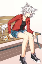 Rule 34 | 1girl, animal ears, bare legs, bench, book, collarbone, contemporary, cross-laced footwear, high tops, intirami, inubashiri momiji, leaning forward, long sleeves, open book, open clothes, open shirt, parted lips, red eyes, shadow, shirt, shoes, short hair, shorts, simple background, sneakers, solo, tail, touhou, undershirt, watch, white background, white hair, wolf ears, wolf tail, wristwatch
