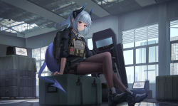 Rule 34 | 1girl, ankle boots, anklet, arknights, backpack, bag, black footwear, black pantyhose, black shirt, black skirt, blush, boots, box, brown pantyhose, bulletproof vest, closed mouth, crossed legs, day, dragon girl, dragon horns, dragon tail, full body, grey hair, highres, horns, indoors, jewelry, liskarm (arknights), liskarm (overload) (arknights), long hair, long sleeves, looking at viewer, official alternate costume, pantyhose, ponytail, red eyes, riot shield, shield, shirt, sitting, sketch, skirt, solo, sthk, tablet pc, tactical clothes, tail, thigh strap, v-shaped eyebrows, vest, window, yellow eyes