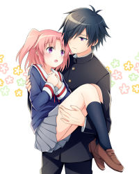 Rule 34 | 1boy, 1girl, black hair, blush, carrying, full body, highres, loafers, long sleeves, looking at another, mikakunin de shinkoukei, mitsumine hakuya, open mouth, pink hair, princess carry, purple eyes, shoes, short hair, simple background, soranagi, twintails, two side up, yonomori kobeni