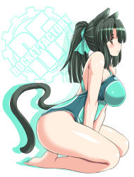 Rule 34 | 1girl, animal ears, black hair, blush, breasts, brown eyes, cat ears, cat tail, green hair, hair ribbon, large breasts, long hair, looking at viewer, milk (tonpuu), one-piece swimsuit, original, ponytail, ribbon, seiza, sitting, smile, solo, swimsuit, tail, thick thighs, thighs, tonpuu