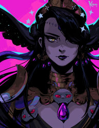 Rule 34 | 1girl, black hair, earrings, hades (series), hades 1, hair over one eye, highres, jewelry, koyorin, lipstick, long hair, looking at viewer, makeup, nyx (hades), pink background, portrait, skull, solo, yellow eyes