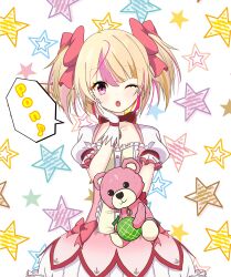 1girl ;o absurdres akemi_homuka ashley_taylor blonde_hair breasts bubble_skirt choker cosplay dress gloves hand_on_own_cheek hand_on_own_face highres holding holding_stuffed_toy kaname_madoka kaname_madoka_(cosplay) kaname_madoka_(magical_girl) looking_at_viewer magia_record:_mahou_shoujo_madoka_magica_gaiden magical_girl mahou_shoujo_madoka_magica multicolored_hair musical_note one_eye_closed pink_eyes pink_streaks red_choker ribbon short_twintails skirt solo soul_gem speech_bubble star_(symbol) star_symbol_background stuffed_animal stuffed_toy teddy_bear twintails upper_body white_background white_gloves