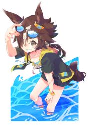 Rule 34 | 1girl, :d, animal ears, bikini, bikini top only, black jacket, black shorts, bracelet, brown eyes, brown hair, eyewear on head, flat chest, grin, hair over one eye, horse ears, horse girl, horse tail, jacket, jewelry, long hair, looking at viewer, maru (hachi 47923), necklace, open clothes, open jacket, open mouth, short sleeves, shorts, simple background, smile, solo, standing, sunglasses, swimsuit, tail, teeth, umamusume, vodka (umamusume), wading, water, white background, yellow bikini