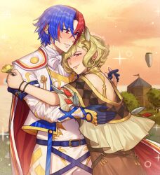 Rule 34 | 1boy, 1girl, alear (fire emblem), alear (male) (fire emblem), bare shoulders, belt, blonde hair, blue belt, blue eyes, blue gloves, blue hair, brown dress, building, citrinne (fire emblem), commentary, commission, dress, earrings, feather hair ornament, feathers, fire emblem, fire emblem engage, flower, gloves, hair flower, hair ornament, highres, hiomaika, hoop earrings, hug, jewelry, multicolored hair, nintendo, off-shoulder dress, off shoulder, outdoors, red eyes, red hair, shirt, short hair, sparkle, tree, two-tone hair, upper body, white shirt, yellow flower