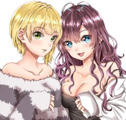 Rule 34 | 10s, 2girls, :3, :d, antenna hair, asymmetrical hair, blonde hair, blue eyes, blush, breasts, brown hair, camisole, collarbone, green eyes, hamu (plot sy), hand up, highres, ichinose shiki, idolmaster, idolmaster cinderella girls, large breasts, long hair, looking at viewer, miyamoto frederica, multiple girls, open mouth, parted lips, short hair, simple background, sleeves past wrists, smile, strap slip, upper body, wavy hair, white background