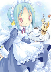 Rule 34 | 1girl, :o, absurdres, apron, cup, dress, female focus, gradient background, green hair, headdress, highres, long sleeves, maid, maid apron, open mouth, parfait, pop, red eyes, solo