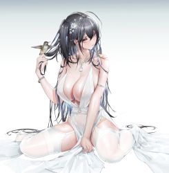 Rule 34 | 1girl, absurdres, ahoge, armlet, azur lane, bare shoulders, bird, bird on hand, black hair, bracelet, breasts, cleavage, closed mouth, dress, earrings, evening gown, flower, full body, garter straps, hair between eyes, hair flower, hair ornament, highres, jewelry, large breasts, lens flare, lipstick, long hair, looking at viewer, makeup, najiu jiao xiaolan ba, no shoes, official alternate costume, one side up, red eyes, red lips, sitting, sleeveless, sleeveless dress, smile, solo, taihou (azur lane), taihou (temptation on the sea breeze) (azur lane), thighhighs, very long hair, wariza, wet, white dress, white thighhighs