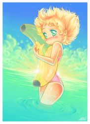 Rule 34 | 1girl, blonde hair, blush, breasts, cloud, destinyblue, green eyes, holding, inflatable banana, inflatable toy, looking at viewer, medium breasts, ocean, one-piece swimsuit, pink one-piece swimsuit, short hair, sky, standing, sun, swimsuit, wading, water