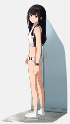 Rule 34 | 1girl, absurdres, ankle socks, black hair, commentary request, crop top, from side, full body, highres, inoue takina, long hair, looking at viewer, looking to the side, lycoris recoil, purple eyes, simple background, socks, solo, sports bra, sportswear, standing, tbear, watch, white background, white socks, white sports bra, wristwatch