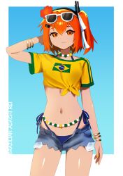 1girl a.i._voice absurdres adachi_rei alternate_skin_color arm_behind_head bead_choker beads blue_background border bracelet brazilian_flag brazilian_flag_print brazilian_miku brazilian_miku_(cosplay) closed_mouth commentary cosplay crop_top dark-skinned_female dark_skin denim denim_shorts earrings english_commentary eyewear_on_head flag_print flower gradient_background green_trim hair_flower hair_ornament hair_ribbon hairclip hatsune_miku headset highland highres jewelry looking_at_viewer lowleg lowleg_shorts medium_hair midriff multiple_bracelets navel one_side_up open_fly orange_eyes orange_flower orange_hair radio_antenna rectangular_earrings ribbon shirt short_sleeves shorts smile solo sunglasses tan thighs tied_shirt utau white-framed_eyewear white_border white_ribbon yellow_nails yellow_shirt