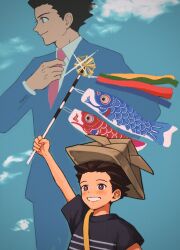 Rule 34 | 2boys, ace attorney, adjusting clothes, adjusting necktie, aged down, arm up, black eyes, black hair, black shirt, blue background, blue jacket, blue pants, blue sky, brown hair, cloud, collared shirt, commentary request, dual persona, formal, hand up, highres, jacket, koinobori, long sleeves, male focus, multiple boys, necktie, open mouth, outdoors, pants, paper hat, paper kabuto, phoenix wright, pink necktie, profile, renshu usodayo, shirt, short hair, short sleeves, sky, smile, spiked hair, standing, suit, t-shirt, upper body, white shirt, windsock