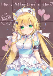Rule 34 | 1girl, :o, ahoge, ameto yuki, animal ear fluff, animal ears, apron, balloon, between breasts, blonde hair, blush, breasts, cat ears, cat girl, cat tail, chocomint (ameto yuki), commentary request, frilled apron, frills, garter straps, green eyes, happy valentine, hat, heart balloon, highres, long hair, looking at viewer, nurse, nurse cap, original, panties, puffy sleeves, solo, strap between breasts, striped clothes, striped panties, tail, twintails, underwear, valentine, very long hair, white garter straps