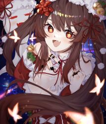 Rule 34 | 1girl, :d, absurdres, bell, black nails, bracelet, breasts, brown hair, bug, butterfly, christmas, cleavage, dress, fang, flower-shaped pupils, flower hair ornament, genshin impact, ghost, hair ornament, hat, highres, holly, hu tao (genshin impact), insect, jewelry, lace, light blush, long hair, long sleeves, looking at viewer, luobotou cuncun zhang, medium breasts, multicolored hair, nail polish, open mouth, red dress, red eyes, ring, santa costume, santa hat, smile, solo, streaked hair, symbol-shaped pupils, twintails