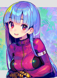 Rule 34 | 1girl, arm belt, arms under breasts, blue hair, blunt bangs, blush, bodysuit, breasts, commentary request, gloves, kula diamond, long hair, looking at viewer, medium breasts, onono imoko, open mouth, red eyes, solo, straight hair, the king of fighters, upper body