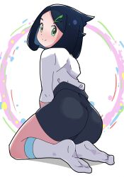Rule 34 | 1girl, ass, black hair, black shorts, blush, closed mouth, commentary request, creatures (company), full body, game freak, green eyes, hair ornament, hairclip, highres, liko (pokemon), masamu (leonore69), nintendo, pokemon, pokemon (anime), pokemon horizons, shirt, shorts, sleeves past elbows, smile, socks, solo, split mouth, white background, white shirt