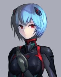 Rule 34 | 1girl, arms at sides, ayanami rei, black bodysuit, blue hair, bodysuit, breasts, breasts apart, closed mouth, grey background, hungry clicker, interface headset, long sleeves, looking at viewer, medium breasts, neon genesis evangelion, parted bangs, plugsuit, red eyes, short hair, simple background, skin tight, solo, turtleneck, upper body