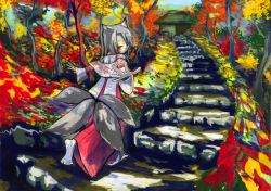 Rule 34 | 1girl, animal ears, autumn, autumn leaves, female focus, fox ears, green eyes, grey hair, japanese clothes, looking back, luft, multiple tails, original, outdoors, outstretched arms, short hair, solo, spread arms, stairs, tail, tree, walking