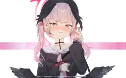 Rule 34 | 1girl, black choker, black shirt, blue archive, blush, book, choker, closed mouth, cross, cross earrings, earrings, flower, hair flower, hair ornament, halo, haru on, hat, highres, holding, holding book, jewelry, koharu (blue archive), long hair, long sleeves, looking at viewer, pink eyes, pink hair, red nails, shirt, simple background, solo
