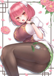 Rule 34 | 1girl, :o, ass, black pantyhose, blush, breasts, cuffs, feet out of frame, flower, furrowed brow, gold trim, hair between eyes, hands up, harunoha, highres, hiiragi iwashi, ibaraki kasen, large breasts, looking at viewer, open mouth, pantyhose, pink eyes, pink flower, pink hair, puffy short sleeves, puffy sleeves, setsubun, shackles, short sleeves, solo, tabard, thighs, touhou