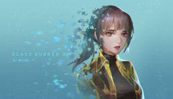 Rule 34 | 1girl, animification, blade runner, blade runner 2049, brown eyes, brown hair, character name, commentary, cyberpunk, dissolving, dywx poison, hologram, jacket, joi, lips, looking at viewer, pixels, ponytail, science fiction, signature, spoilers