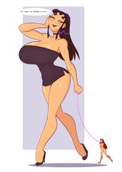 Rule 34 | absurdres, alien, alternate body size, alternate size, black hair, blackfire, breasts, choker, cleavage, completely nude, covering privates, dc comics, dress, high heels, highres, huge breasts, leash, long hair, mini person, minidress, minigirl, nsfwskully, nude, nude cover, one eye closed, red hair, siblings, sisters, size difference, starfire, strapless, strapless dress, teen titans, thick thighs, thighs, wink