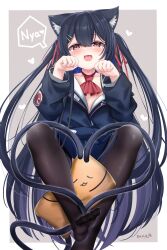 Rule 34 | 1girl, :d, absurdres, animal ear fluff, animal ears, ascot, black hair, black thighhighs, blue hair, blue jacket, cat ears, cat girl, cat tail, chisuzu mei, chucolala, colored inner hair, fangs, highres, jacket, long hair, long sleeves, looking at viewer, multicolored hair, multiple tails, no pants, nyan, off shoulder, open mouth, partially unzipped, paw pose, smile, tail, thighhighs, two side up, two tails, very long hair, virtual youtuber, ya chuifeng lai