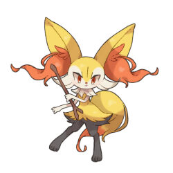 Rule 34 | 1girl, :t, animal ear fluff, animal ears, animal feet, animal hands, animal nose, black fur, blush, body fur, braixen, closed mouth, creatures (company), feet, female focus, flat chest, forehead, fox ears, fox girl, fox tail, full body, furry, furry female, game freak, gen 6 pokemon, hand up, holding, holding stick, legs, light blush, looking at viewer, multicolored fur, neck fur, nintendo, pokemon, pokemon (creature), pout, red eyes, simple background, solo, standing, stick, tail, towa (clonea), white background, white fur, yellow fur