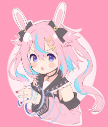 1girl animal_ears bandaid bandaid_on_hand black_bow black_choker black_sailor_collar blue_hair blue_nails blush_stickers bow choker crescent cropped_torso ear_bow hair_between_eyes hair_flaps hair_ornament hairclip highres indie_virtual_youtuber long_hair long_sleeves looking_at_viewer meito_(maze) mitsuki_shio multicolored_hair nail_art open_mouth outline pink_background pink_hair pink_shirt pink_sleeves puffy_long_sleeves puffy_sleeves purple_eyes rabbit-shaped_pupils rabbit_ears rabbit_hair_ornament sailor_collar shirt sleeveless sleeveless_shirt sleeves_past_wrists solo streaked_hair symbol-shaped_pupils two-tone_hair upper_body v-shaped_eyebrows very_long_hair virtual_youtuber white_outline x_hair_ornament