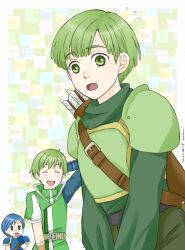Rule 34 | 3boys, :o, arm behind head, armor, arrow (projectile), blue armor, blue hair, brothers, castor (fire emblem), closed eyes, fire emblem, fire emblem: mystery of the emblem, fire emblem: new mystery of the emblem, gordin (fire emblem), green armor, green eyes, green hair, looking at viewer, miisa, multiple boys, nintendo, open mouth, quiver, ryan (fire emblem), siblings