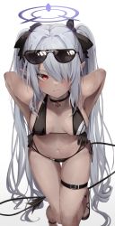 Rule 34 | 1girl, absurdres, bikini, black bikini, black choker, black gloves, blue archive, blush, breasts, choker, closed mouth, dark-skinned female, dark skin, demon tail, eyewear on head, gloves, grey hair, hair over one eye, halo, hands on own hips, highres, iori (blue archive), iori (swimsuit) (blue archive), leaning forward, long hair, looking at viewer, megu (pixiv9460065), multi-strapped bikini bottom, navel, pendant choker, pointy ears, red eyes, sandals, simple background, solo, stomach, sunglasses, swimsuit, tail, tan, thigh gap, thigh strap, thighs, twintails, very long hair, wet, white background