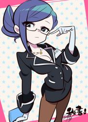 Rule 34 | 10s, 1girl, :|, adjusting eyewear, bad id, bad twitter id, black eyes, blazer, blue hair, breasts, brown pantyhose, business suit, buttons, cleavage, closed mouth, elbow gloves, expressionless, eyes visible through hair, folded ponytail, formal, glasses, gloves, hair bun, hand up, holding, jacket, jewelry, leaning, long sleeves, looking at viewer, medium breasts, miniskirt, name tag, narrow waist, necklace, office lady, pantyhose, pencil skirt, pocket, sameyama jiro, secretary (uchuu patrol luluco), semi-rimless eyewear, short hair, side slit, sidelocks, signature, skirt, skirt suit, sleeve cuffs, solo, standing, star (symbol), starry background, suit, swept bangs, uchuu patrol luluco, under-rim eyewear