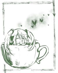 Rule 34 | 1girl, :3, bad id, bad pixiv id, closed eyes, cup, green theme, hair ornament, hatsune miku, headphones, heart, in container, in cup, inazumrai, long hair, mini person, minigirl, monochrome, smile, solo, teacup, twintails, vocaloid