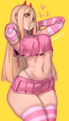 Rule 34 | 1girl, absurdres, arms up, blonde hair, bra strap, breasts, chainsaw man, crop top, cross-shaped pupils, demon horns, eyelashes, heart, highres, horns, kelvin hiu, long hair, medium breasts, miniskirt, navel, o3o, orange eyes, power (chainsaw man), red horns, ringed eyes, skirt, solo, stomach, striped clothes, striped thighhighs, symbol-shaped pupils, thighhighs, thong, toned, yellow background