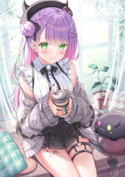 Rule 34 | 1girl, black bow, black bowtie, black ribbon, blush, bow, bowtie, braid, closed mouth, coffee cup, commentary request, cup, disposable cup, drink, earrings, frills, green eyes, hair bun, heart, highres, holding, holding cup, holding drink, hololive, jewelry, leg tattoo, long hair, long sleeves, looking at viewer, multicolored hair, o-ring, o-ring thigh strap, off shoulder, piercing, pink hair, plant, potted plant, purple hair, ribbon, shirakawako, single hair bun, sitting, sleeves past wrists, smile, solo, tail, tail ornament, tail piercing, tattoo, thigh strap, tokoyami towa, two-tone hair, virtual youtuber, window