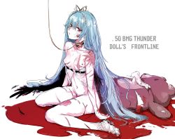 Rule 34 | 1girl, arms at sides, bandaid, bandaid on cheek, bandaid on face, black feathers, blood, blue hair, breasts, collar, cuts, feathers, girls&#039; frontline, highres, injury, leash, long hair, looking at viewer, navel, nipples, osakana (denpa yun&#039;yun), red eyes, sandals, scar, shaded face, simple background, sitting, solo, stuffed animal, stuffed toy, teddy bear, thunder (girls&#039; frontline), torn clothes, very long hair, wariza, white background