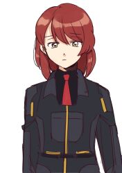 Rule 34 | androgynous, armor, black shirt, closed mouth, collared shirt, commentary request, employee (project moon), lobotomy corporation, long sleeves, looking at viewer, medium hair, medu (rubish), necktie, project moon, red hair, red necktie, shirt, simple background, sketch, solo, upper body, white background, yellow eyes