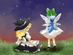 Rule 34 | 2girls, bad id, bad pixiv id, blonde hair, blue hair, bow, cirno, dress, from behind, hair bow, hammer (sunset beach), hat, kirisame marisa, multiple girls, night, ribbon, short hair, sky, touhou, wings, witch hat, yellow eyes