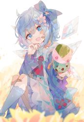 Rule 34 | absurdres, adapted costume, artist name, bandaid, bandaid on face, bandaid on knee, bandaid on leg, blue bow, blue eyes, blue hair, blue jacket, blue legwear, blush stickers, bow, cherry blossoms, circled 9, cirno, detached wings, double scoop, fang, feet out of frame, fingernails, flower, food, hair bow, hair flower, hair ornament, hand on own cheek, hand on own face, highres, holding, holding food, ice, ice cream, ice wings, incoming food, jacket, leaf, long fingernails, long sleeves, looking at viewer, open mouth, outstretched arm, red neckwear, short hair, sitting, skin fang, smile, socks, star (symbol), star hair ornament, touhou, umemaro (siona0908), wings