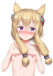 Rule 34 | 1girl, absurdres, animal ears, azur lane, blonde hair, blush, breasts, closed mouth, collarbone, commentary request, hair between eyes, hands on own chest, head tilt, headgear, highres, long hair, looking to the side, nedia (nedia region), nipples, nose blush, nude, purple eyes, simple background, small breasts, solo, sweat, upper body, warspite (azur lane), wavy mouth, white background