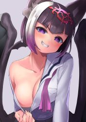 Rule 34 | 1girl, absurdres, animal ears, ascot, bat ears, bat girl, bat wings, black hair, blouse, breasts, clothes pull, collarbone, common vampire bat (kemono friends), deku suke, flashing, grey background, grin, head tilt, highres, kemono friends, long sleeves, medium breasts, multicolored hair, no bra, off shoulder, open clothes, open shirt, pink neckwear, pulled by self, purple eyes, purple hair, shirt, shirt pull, simple background, single bare shoulder, smile, smug, solo, undone ascot, upper body, white hair, white shirt, wings
