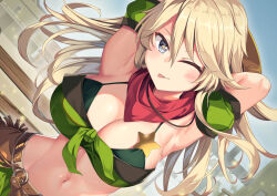 Rule 34 | 1girl, ;p, armpits, arms up, bandeau, bare shoulders, belt, blonde hair, blue eyes, breasts, brown belt, cleavage, collarbone, commentary request, cosplay, cowboy shot, detached sleeves, dutch angle, fence, front-tie top, green bandeau, green skirt, green sleeves, groin, hair between eyes, hat on back, holster, iowa (kancolle), kantai collection, large breasts, light particles, long hair, looking at viewer, midriff, navel, one eye closed, outdoors, puffy detached sleeves, puffy sleeves, red scarf, scarf, sheriff badge, sidelocks, skirt, solo, standing, star-shaped pupils, star (symbol), symbol-shaped pupils, taiki shuttle (umamusume), taiki shuttle (umamusume) (cosplay), tongue, tongue out, umamusume, wooden fence, yasume yukito