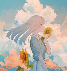 Rule 34 | 1girl, absurdres, aqua eyes, aqua shirt, closed mouth, cloud, cloudy sky, commentary request, cowboy shot, cumulonimbus cloud, flower, grey hair, hand up, highres, holding, holding flower, ivelovedsekaowa, long hair, looking to the side, original, profile, shirt, skirt, sky, solo, standing, sunflower, white skirt