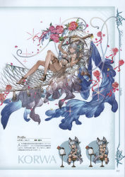 Rule 34 | 1girl, absurdres, animal ears, bare shoulders, blue eyes, breasts, cleavage, erune, flower, full body, granblue fantasy, hair flower, hair ornament, hammock, high heels, highres, holding, korwa, korwa (summer) (granblue fantasy), long hair, looking at viewer, lying, medium breasts, minaba hideo, multiple views, nail polish, navel, official art, on back, quill, scan, silver hair, simple background, smile, sparkle, swimsuit