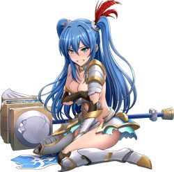Rule 34 | 1girl, aqua eyes, armor, blue hair, breasts, cleavage, covering privates, covering breasts, flower, full body, hair ornament, long hair, official art, oshiro project:re, oshiro project:re, seiza, shamakho, sitting, solo, torn clothes, transparent background, twintails, very long hair, yodo (oshiro project)
