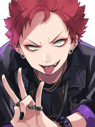 Rule 34 | 1boy, bead bracelet, beads, bracelet, chain necklace, constricted pupils, ear piercing, earrings, harai kuko, highres, hypnosis mic, jacket, jewelry, kishinaito, looking at viewer, male focus, multiple necklaces, multiple piercings, multiple rings, nail polish, necklace, open mouth, piercing, red hair, ring, short hair, smile, solo, tongue, tongue out, upper body, v-shaped eyebrows, w, yellow eyes