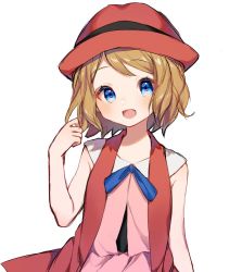 Rule 34 | 1girl, :d, blonde hair, blue eyes, blue ribbon, commentary request, creatures (company), eyelashes, game freak, hand up, happy, hat, kajiki ngtk9, looking at viewer, neck ribbon, nintendo, open mouth, pokemon, pokemon (anime), pokemon xy (anime), red hat, ribbon, serena (pokemon), short hair, simple background, smile, solo, white background
