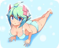 Rule 34 | 1girl, ahoge, ass, azure striker gunvolt, bare shoulders, barefoot, blue eyes, blush, bra, breasts, cleavage, cougar (cougar1404), foreshortening, full body, green hair, headgear, huge ass, looking at viewer, lying, medium breasts, on stomach, open mouth, panties, roro (gunvolt), shiny clothes, shiny skin, short hair, solo, underwear